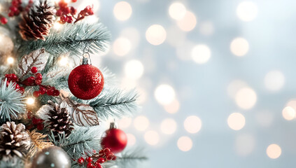 Obraz premium A beautifully decorated Christmas tree adorned with ornaments and lights, capturing the essence of the holiday season.