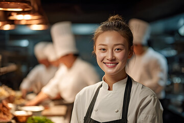 A cheerful chef poses in a bustling kitchen, showcasing passion for culinary excellence and teamwork.