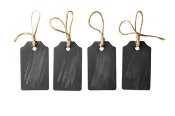 Four slate price tags with jute string, blank labels, gift tags, product tags, merchandise tags, sale tags, isolated on transparent background