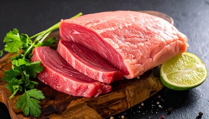 Raw, fresh cut of meat on a wooden cutting board, with a lime and parsley garnish against a black background