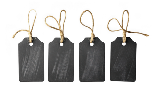 Four slate price tags with jute string, blank labels, gift tags, product tags, merchandise tags, sale tags, isolated on transparent background - Powered by Adobe