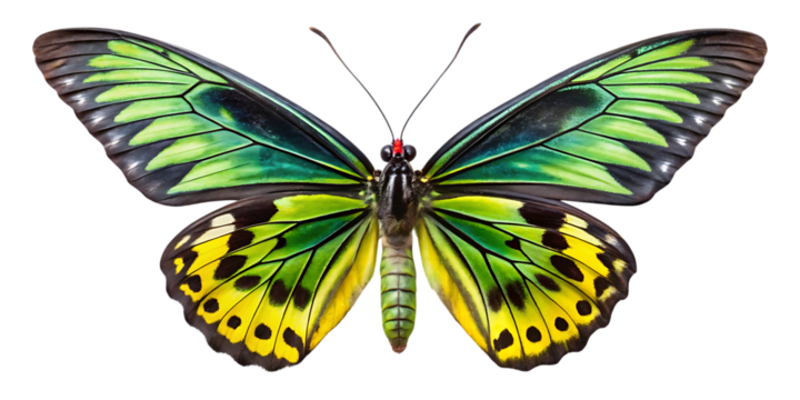 A vibrant male golden birdwing butterfly troides rhadamantus with striking green and yellow wings, showcasing intricate patterns and a black body, isolated on a transparent background