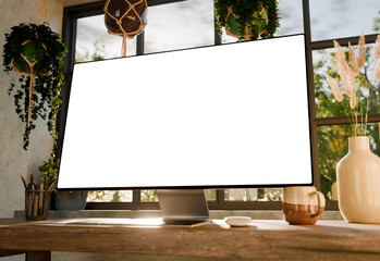 Computer monitor blank screen mockup right side perspective on wooden desk near window with natural daylight and plants – cozy home office interior