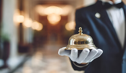 A professional concierge holds a golden service bell in an elegant hotel lobby, symbolizing hospitality and service.