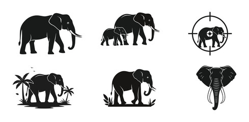 Collection of six monochrome elephant vector graphics. Set includes safari animal silhouettes, family icons, and wildlife conservation symbols for logos
