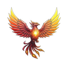 Obraz premium Stylized Geometric Phoenix Bird with Fiery Wings and Glowing Core on Background Keywords: phoenix, bird, mythical, creature, fire, flame, wings, flying isolated on a transparent background