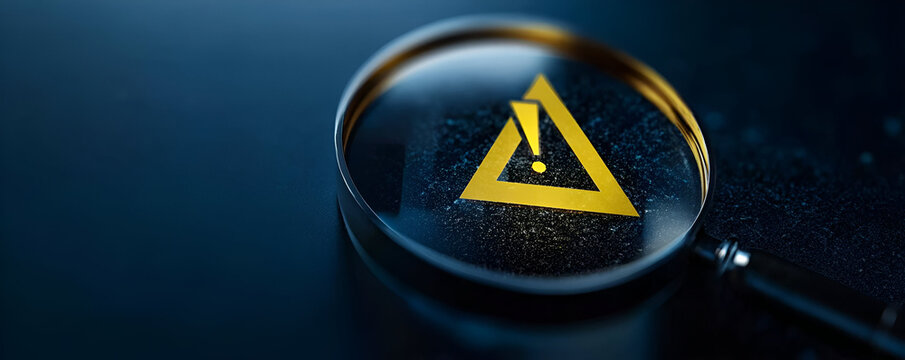 Magnifying glass highlighting a warning triangle symbol, emphasizing caution and alertness in various contexts.
