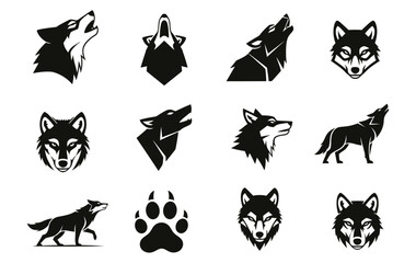 A collection of black wolf icons, featuring howling head silhouettes, front-facing mascots, full-body poses, and a paw print emblem for logo design