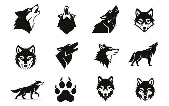 A collection of black wolf icons, featuring howling head silhouettes, front-facing mascots, full-body poses, and a paw print emblem for logo design