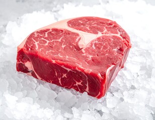 Raw red meat cut with marbling, resting on a bed of crushed ice, light grey textured background