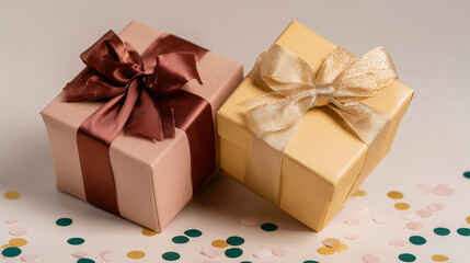 Gift boxes in pink and gold on confetti — festive ad shot for gift brands and souvenir shops.