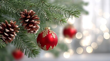 Obraz premium Beautiful Christmas Tree Decorated with Red Ornaments and Pinecones, Creating a Cozy Holiday Atmosphere with Sparkling Lights in Background