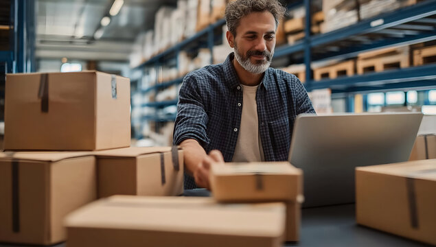 A man working in a warehouse, managing packages, and using a laptop to streamline operations and enhance productivity.