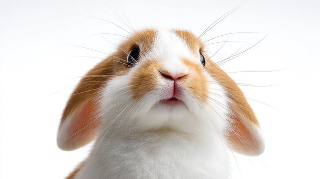 Adorable close-up of a fluffy rabbit with orange and white fur, showcasing its expressive eyes, twitching nose, and soft whiskers against a light background