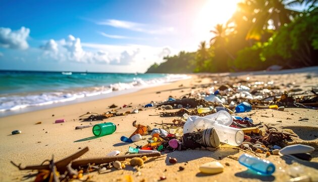 Sandy beach littered with plastic waste under a bright, sunny sky with palm trees in the background. The ocean is visible