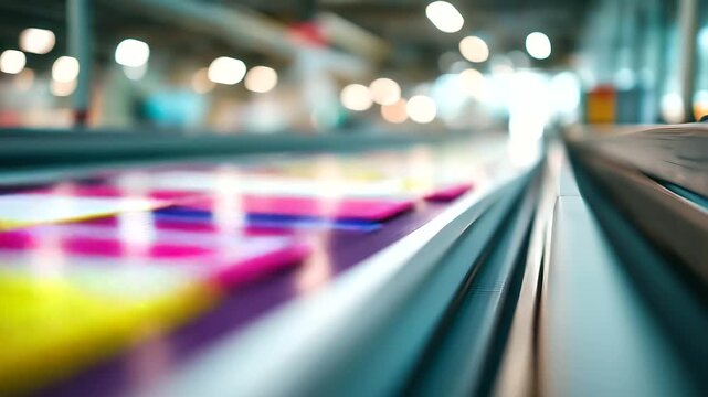 Colorful printed materials on conveyor belt with defocused motion, faceless production line, printing visualization detail, blurred transport system, manufactured output concept, d