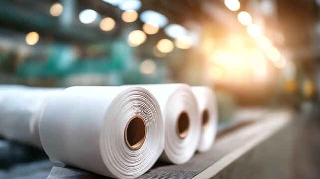 Large paper rolls processing in mill with defocused machinery, faceless paper production, manufacturing visualization detail, blurred industrial background, papermaking process con
