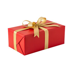 Fototapeta premium Red gift box with golden ribbon wrapped present for Christmas or birthday Isolated on transparent background, png