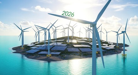 Obraz premium Clean Energy for All: Wind Turbines and Solar Panels Under a Radiant Sky