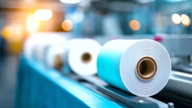 Printing machine producing labels with defocused operation, faceless label manufacturing, production visualization detail, blurred equipment background, printing process concept, m