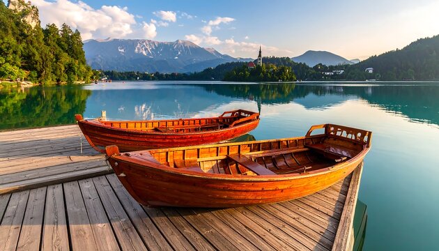 Scenic landscape featuring two wooden boats docked at a pier, overlooking a serene lake and a small island church. Mountains form the backdrop
