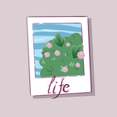 A charming illustration of a green tree with pink roses, set against a blue sky with white clouds. The image is framed with a white border and features the word "life" in cursive at the bottom
