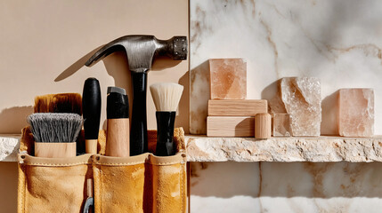 Tool belt with brushes and hammer on a marble shelf — creative shot for repair services, decorators and handmade brands.