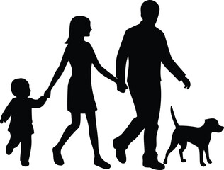 Vector silhouettes of a walking family holding hands, including parents, children, and a dog