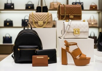Collection of luxury handbags and a highheeled shoe displayed on a shelf in a retail store, fashion and accessory showcase