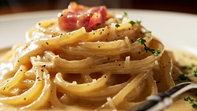 Classic Italian Spaghetti Carbonara with Creamy Sauce Bacon and Pepper