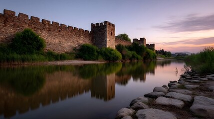 Majestic ancient fortress walls and towers reflected in a calm river during dawn