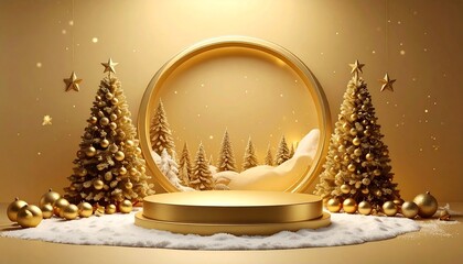 Two christmas podium for products showcase, promotional sale, in golden color style