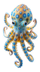 A vibrant blueringed octopus, a small but highly venomous marine animal, is captured in stunning detail, isolated on a clean transparent background, showcasing its intricate patterns and unique beauty