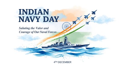Indian navy day celebration with warship and fighter jets in watercolor style