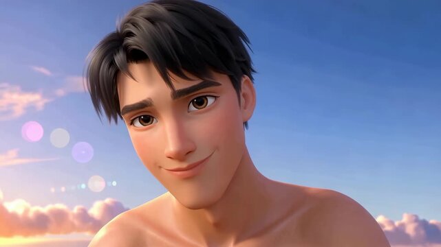 Animated Young Man with Dark Hair and Expressive Eyes Against a Bright Sky.