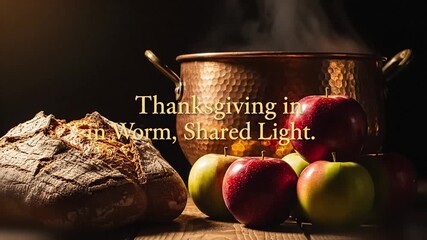 painterly chiaroscuro table composition of harvest foods and reflected copper warmth evoking thanksgiving in warm shared light sentiment