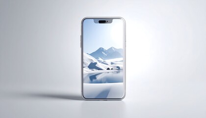 Realistic digital rendering of a smartphone with a wintery landscape background, showing snow-covered mountains reflecting on a tranquil lake