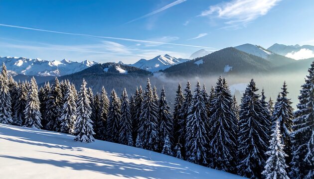 Scenic winter view of snow-covered evergreen trees in the foreground with distant snow-capped mountains and blue sky