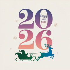Modern minimalist 2026 New Year typography illustration with gradient pink-purple numbers, Santa sleigh and reindeer silhouette, elegant golden ‘Happy New Year’ text, clean festive white background.