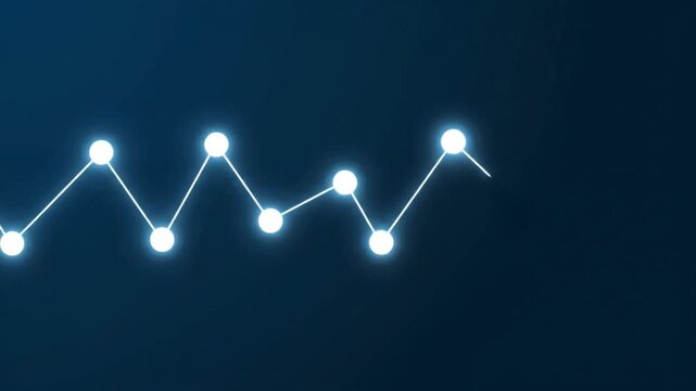 Glowing line graph tracking data fluctuations against a deep blue background. The abstract visualization features bright nodes and lines, suggesting technological analysis and business growth trends.