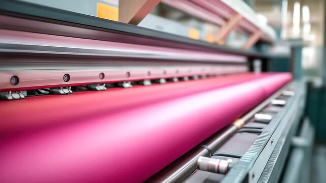 Large format machine printing banners with defocused operation, faceless banner production, printing visualization detail, blurred equipment background, commercial printing concept