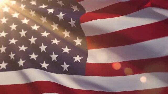 Closeup of an American Flag Waving Against Sunlight Background Video