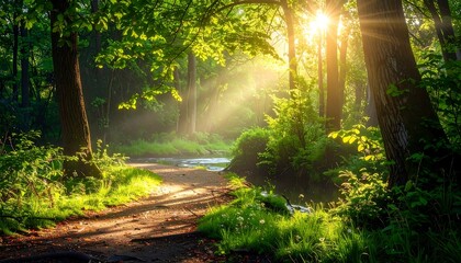 Fototapeta premium Scenic woodland scene bathed in sunlight, with path, river, and lush green foliage. Rays of sunshine filter through the trees