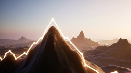 A glowing animated line chart follows the peaks and valleys of rugged, mountainous terrain during a vibrant sunrise or sunset, symbolizing progress, volatility, and challenges. - Powered by Adobe