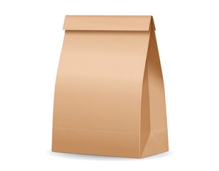 Realistic vector illustration of a standing brown paper bag with a folded top, on a clean white background