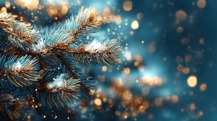 Fototapeta premium Close View of Fir Branch Covered With Snow and Illuminated With Golden Lights Against a Blurred Blue Background