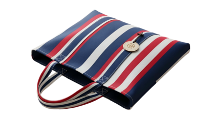 Striped canvas carrying item with leather accent displayed on dark background