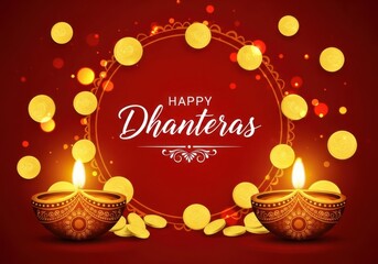Happy dhanteras greeting with glowing diyas, gold coins, and decorative lights on a red background, celebrating prosperity and new beginnings
