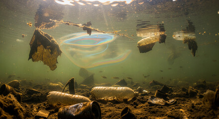 Underwater photography showing plastic waste and bottles contaminating river water, raising awareness of marine pollution.
