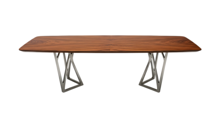 Rectangular wooden tabletop rests upon geometrically structured metallic supports against a solid black background